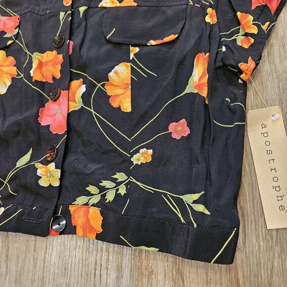 Vtg Apostrophe Floral Blouse Womens L Black Multi Cropped Boho Tropical NEW - Picture 4 of 9